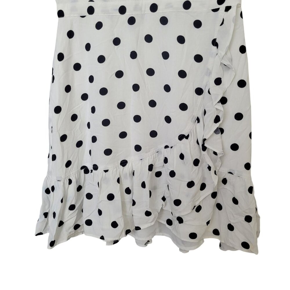 J. Crew Faux Wrap Dress Fawn Polka Dot Ruffle Size 4 White Black Cap Sleeve - Picture 4 of 9